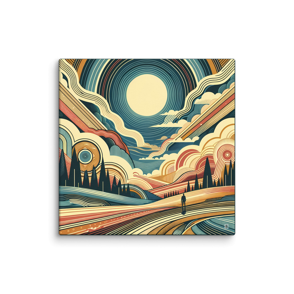 Retro Sunlit Mountain Landscape with Geometric Clouds