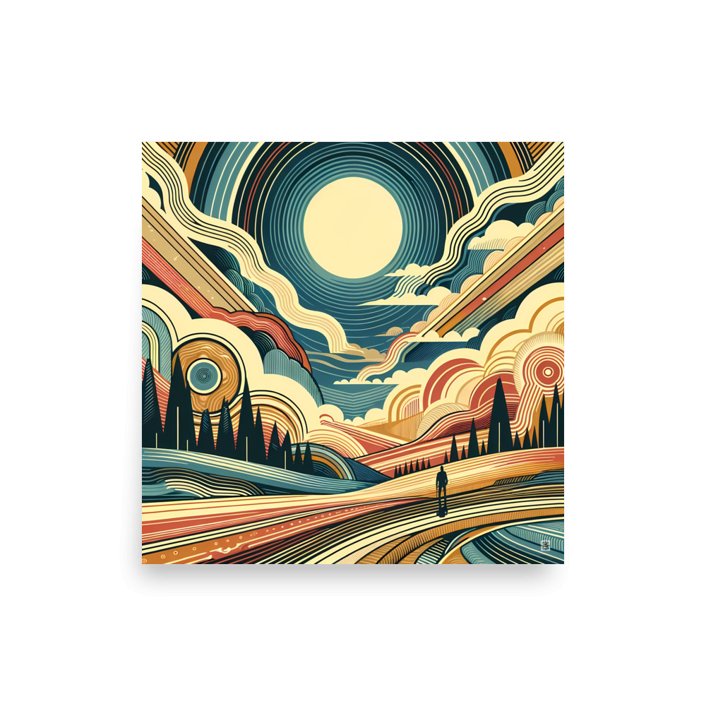Retro Sunlit Mountain Landscape with Geometric Clouds — Art Print