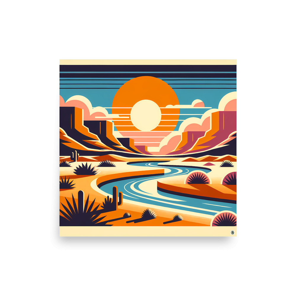 Geometric Desert Sunset with River and Canyons — Art Print