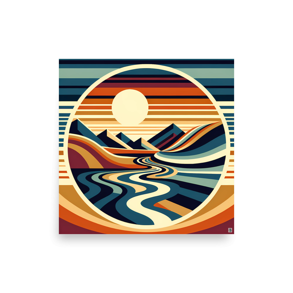 Abstract Sunset Mountains and Winding River — Art Print