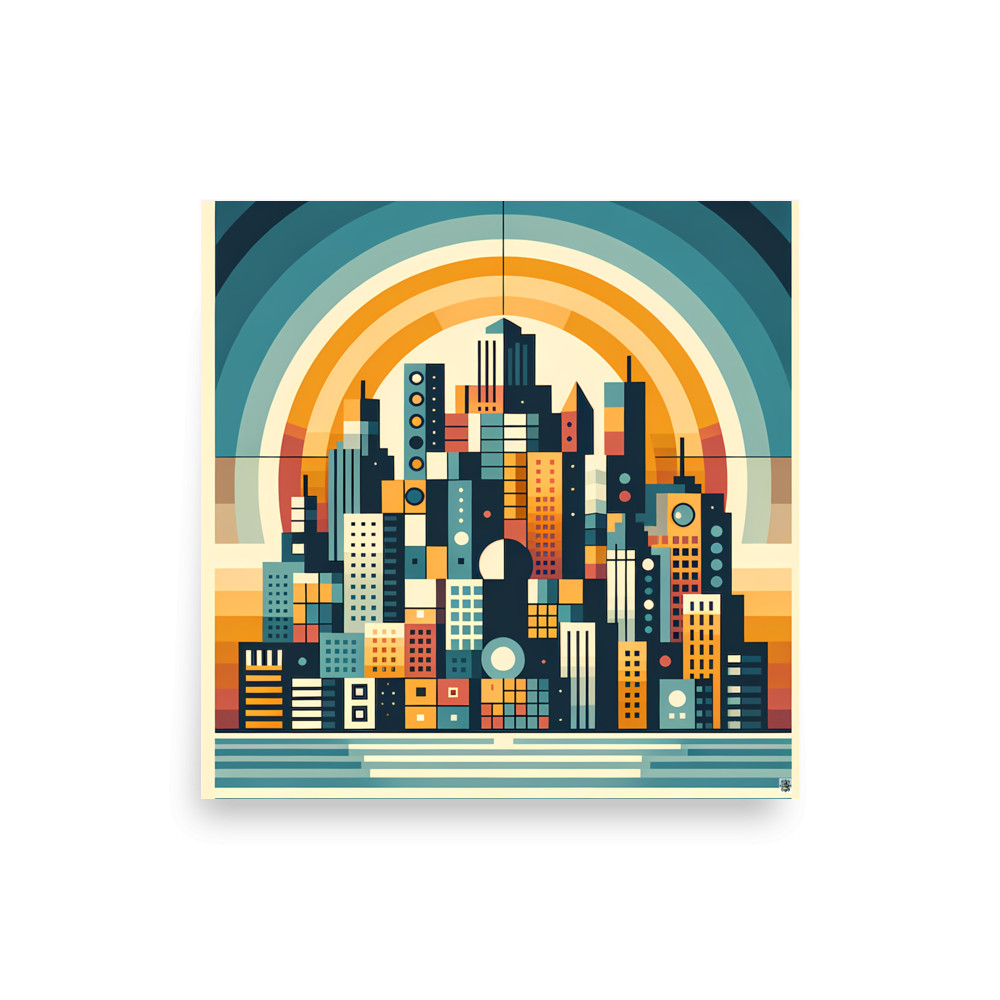 Geometric City Skyline with Retro Sunset Arches — Art Print