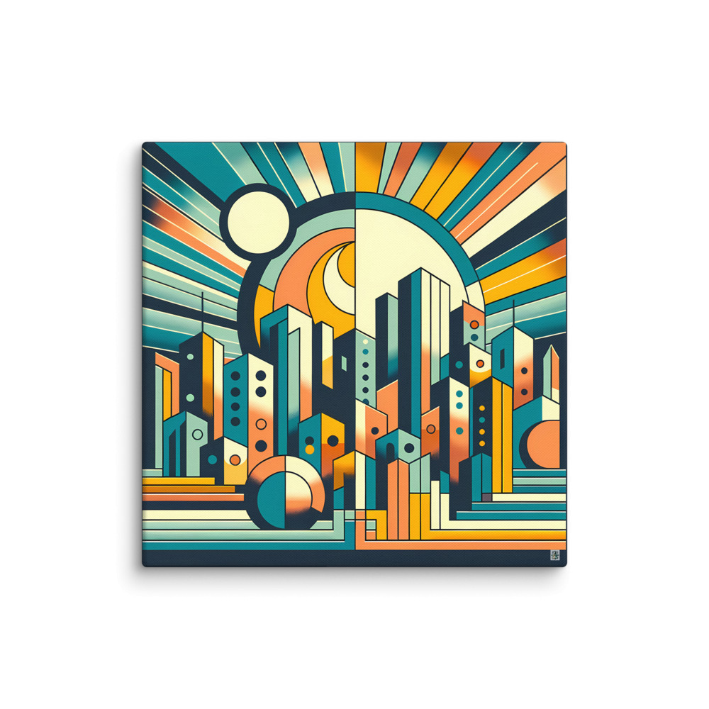 Geometric City Skyline with Sunburst