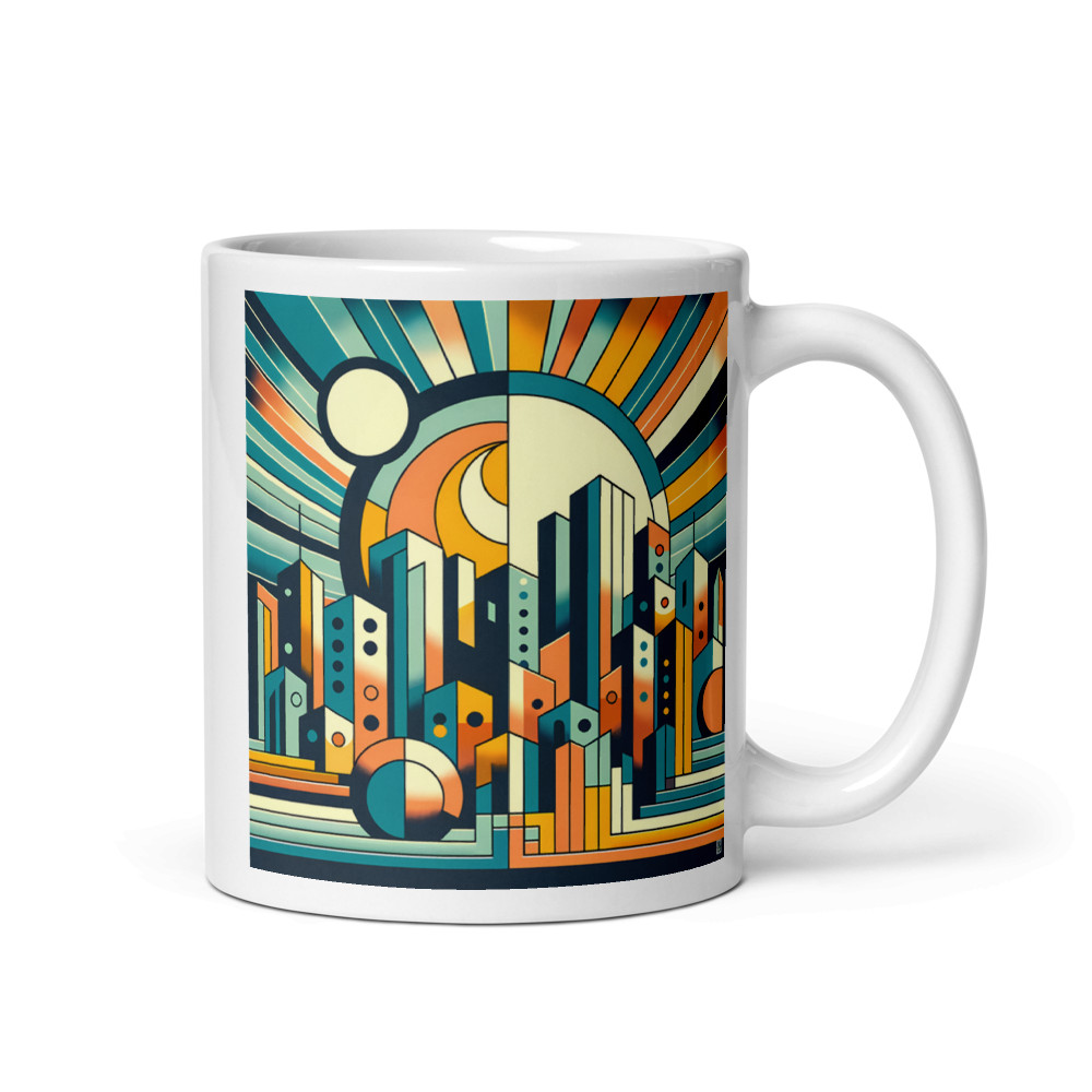 Geometric City Skyline with Sunburst