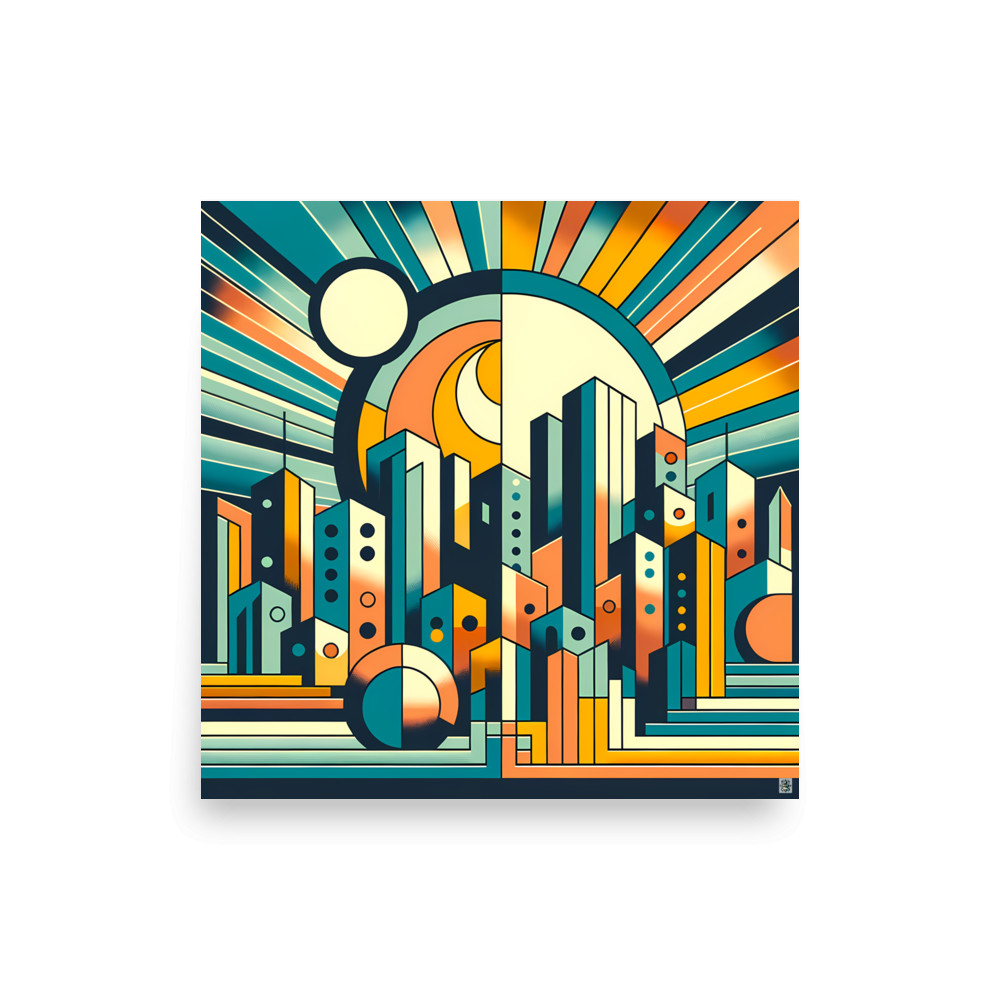 Geometric City Skyline with Sunburst — Art Print
