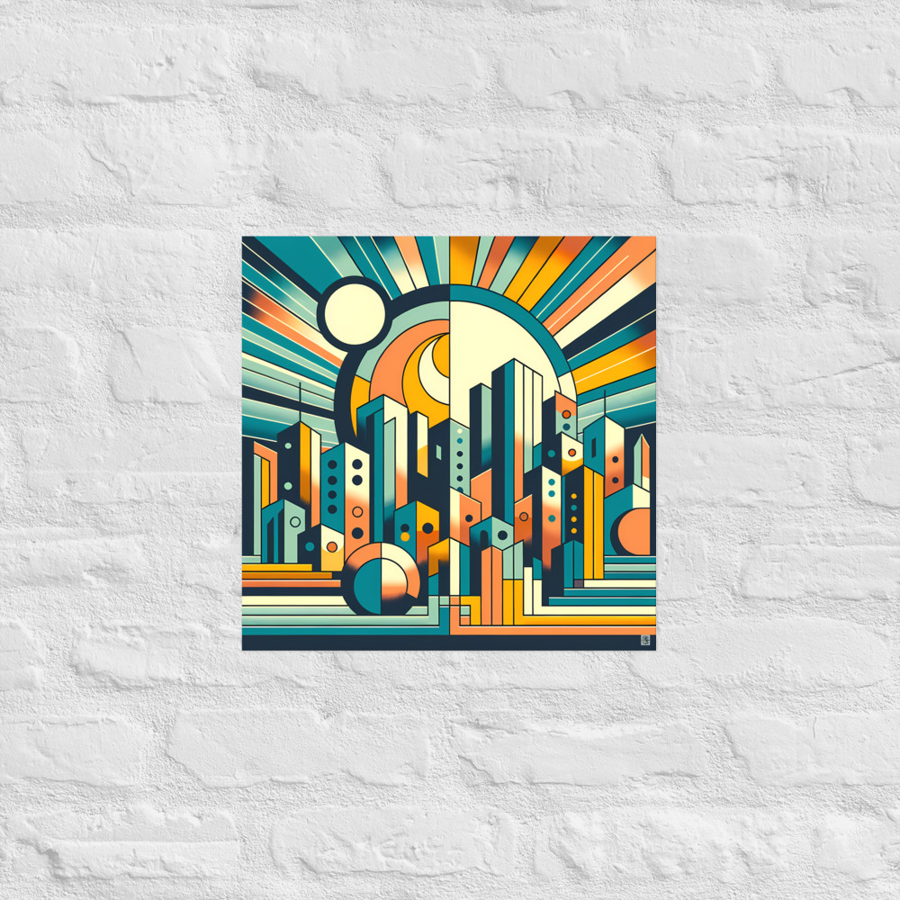 Geometric City Skyline with Sunburst