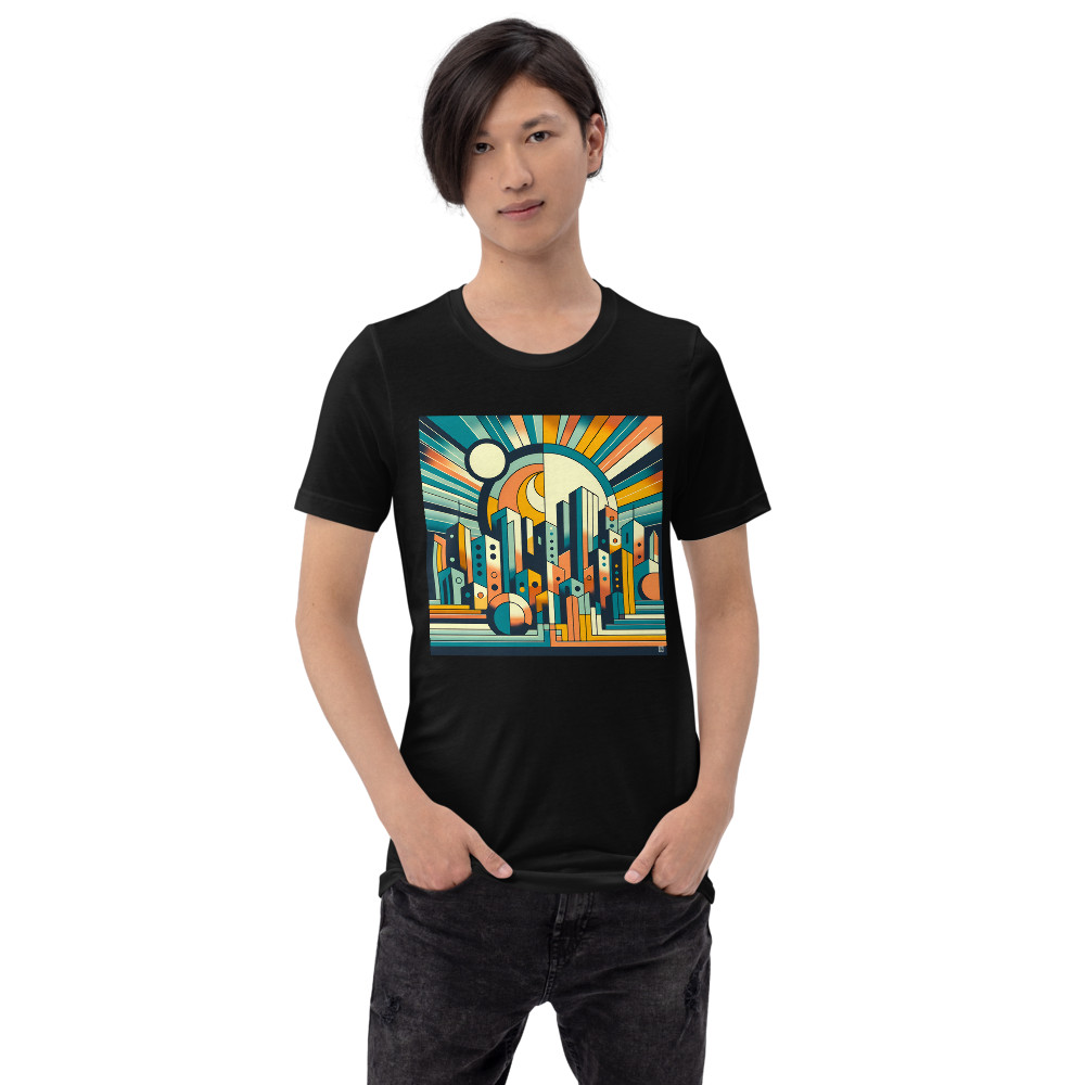 Geometric City Skyline with Sunburst