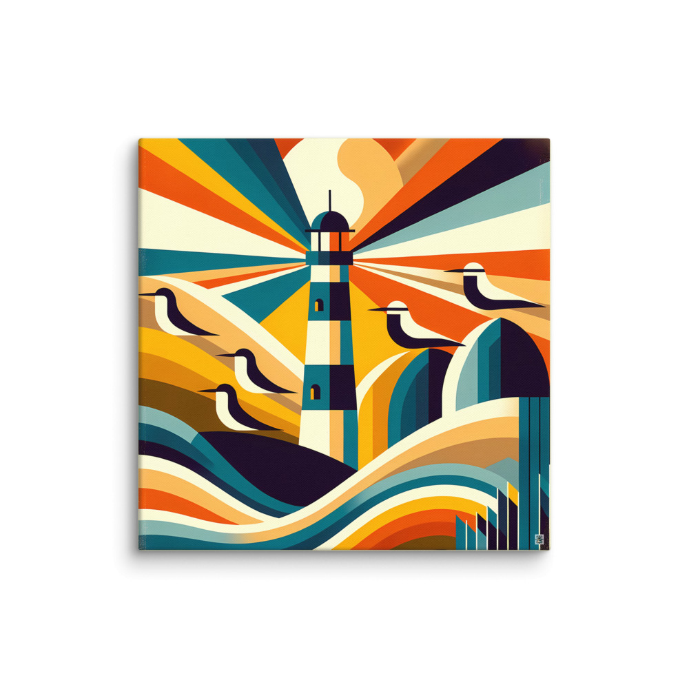 Retro Lighthouse Rays and Seagulls — Canvas Print