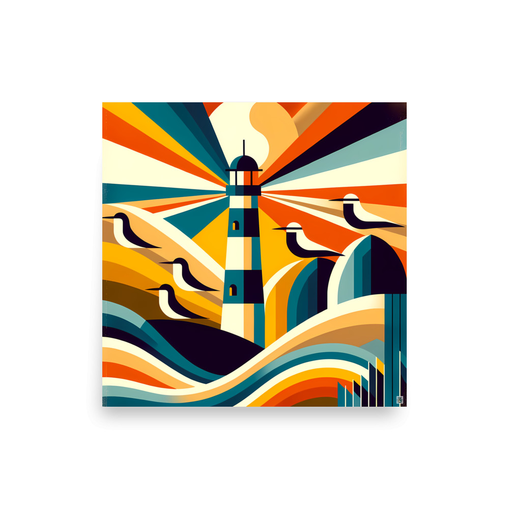 Retro Lighthouse Rays and Seagulls — Art Print