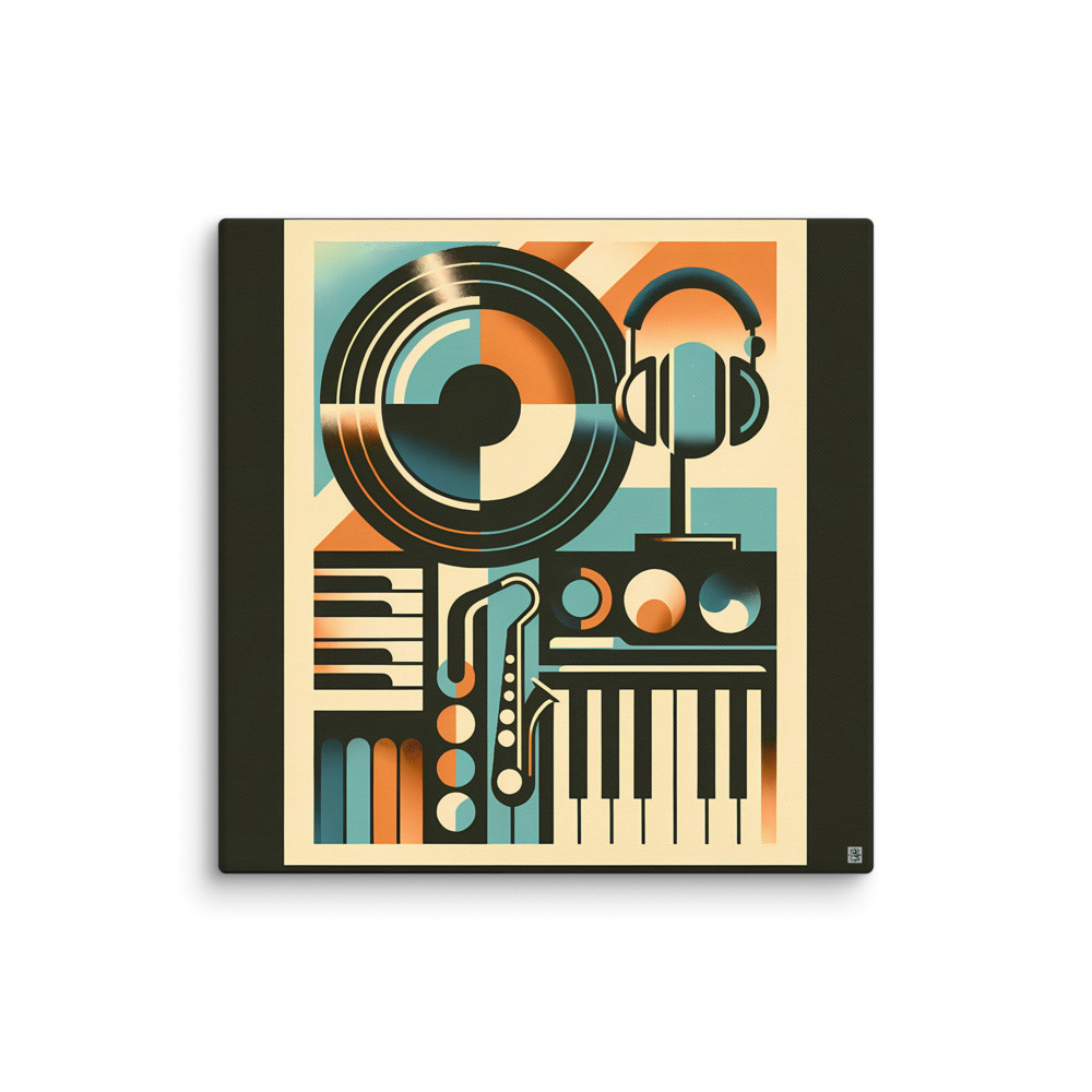 Retro Geometric Vinyl Record, Headphones and Piano Keys — Canvas Print
