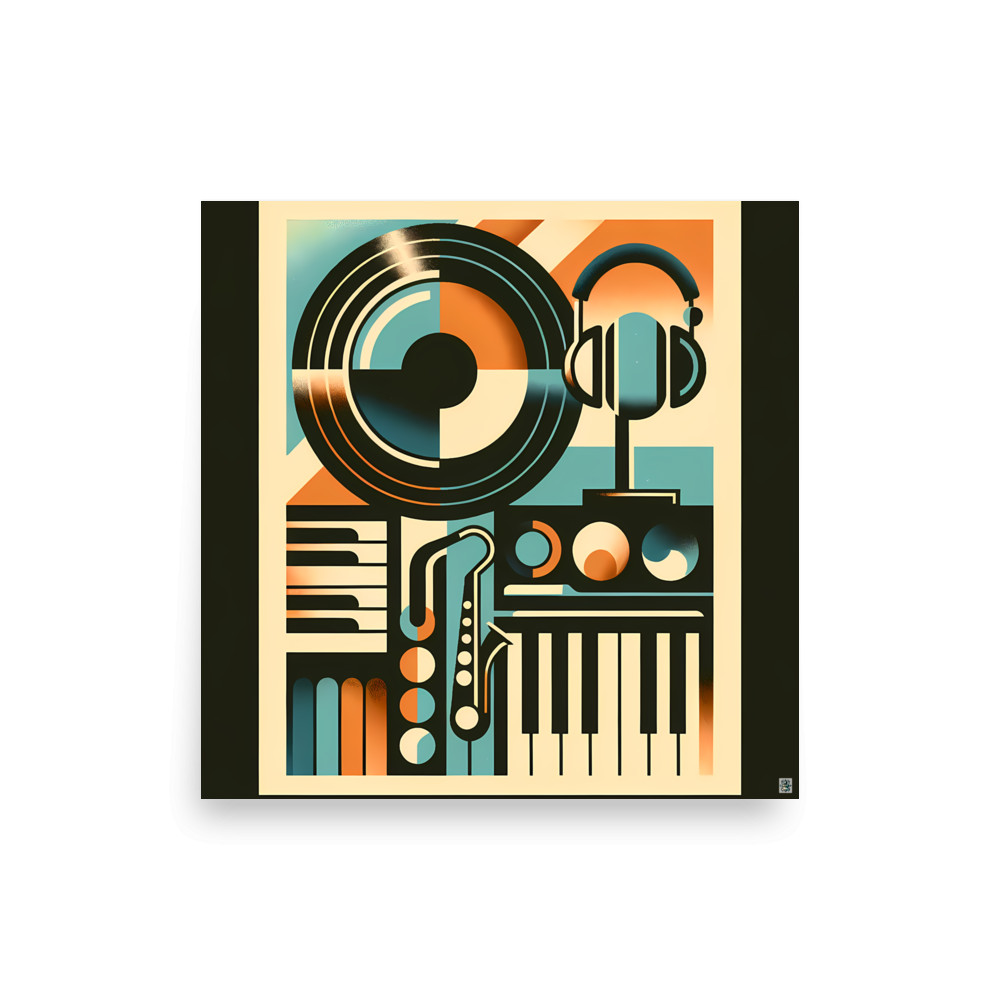 Retro Geometric Vinyl Record, Headphones and Piano Keys — Art Print