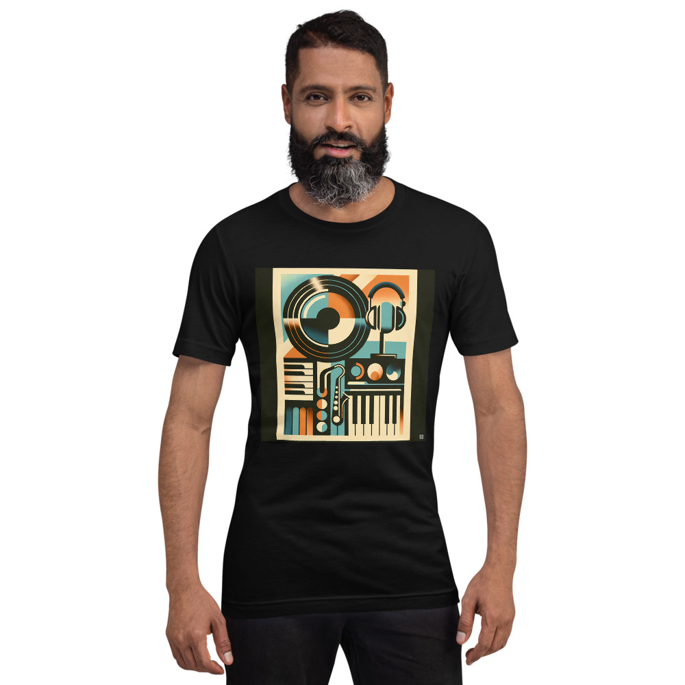 Retro Geometric Vinyl Record, Headphones and Piano Keys