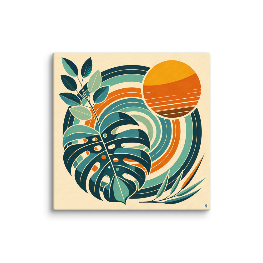 Geometric Monstera Leaves with Retro Sun Circles — Canvas Print
