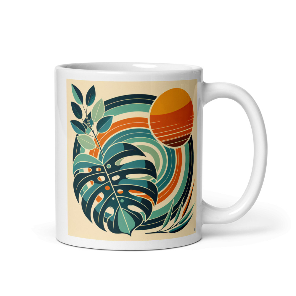 Geometric Monstera Leaves with Retro Sun Circles