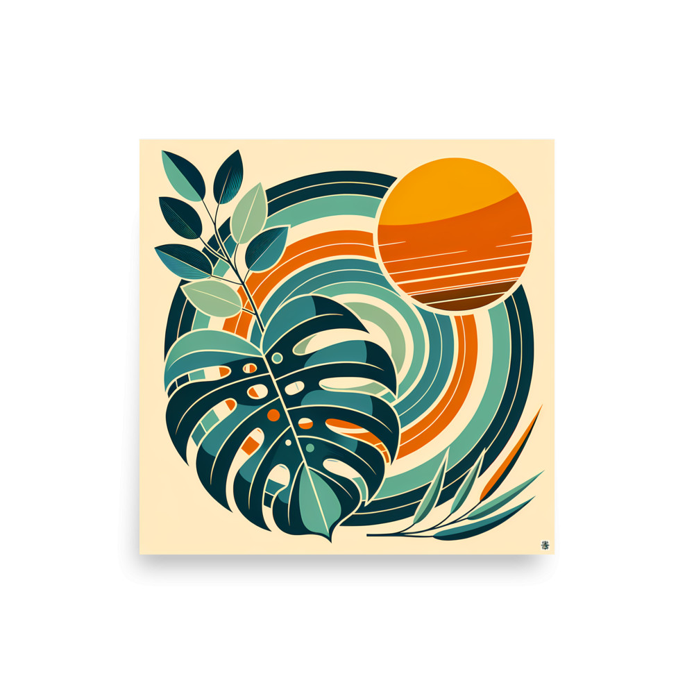 Geometric Monstera Leaves with Retro Sun Circles — Art Print