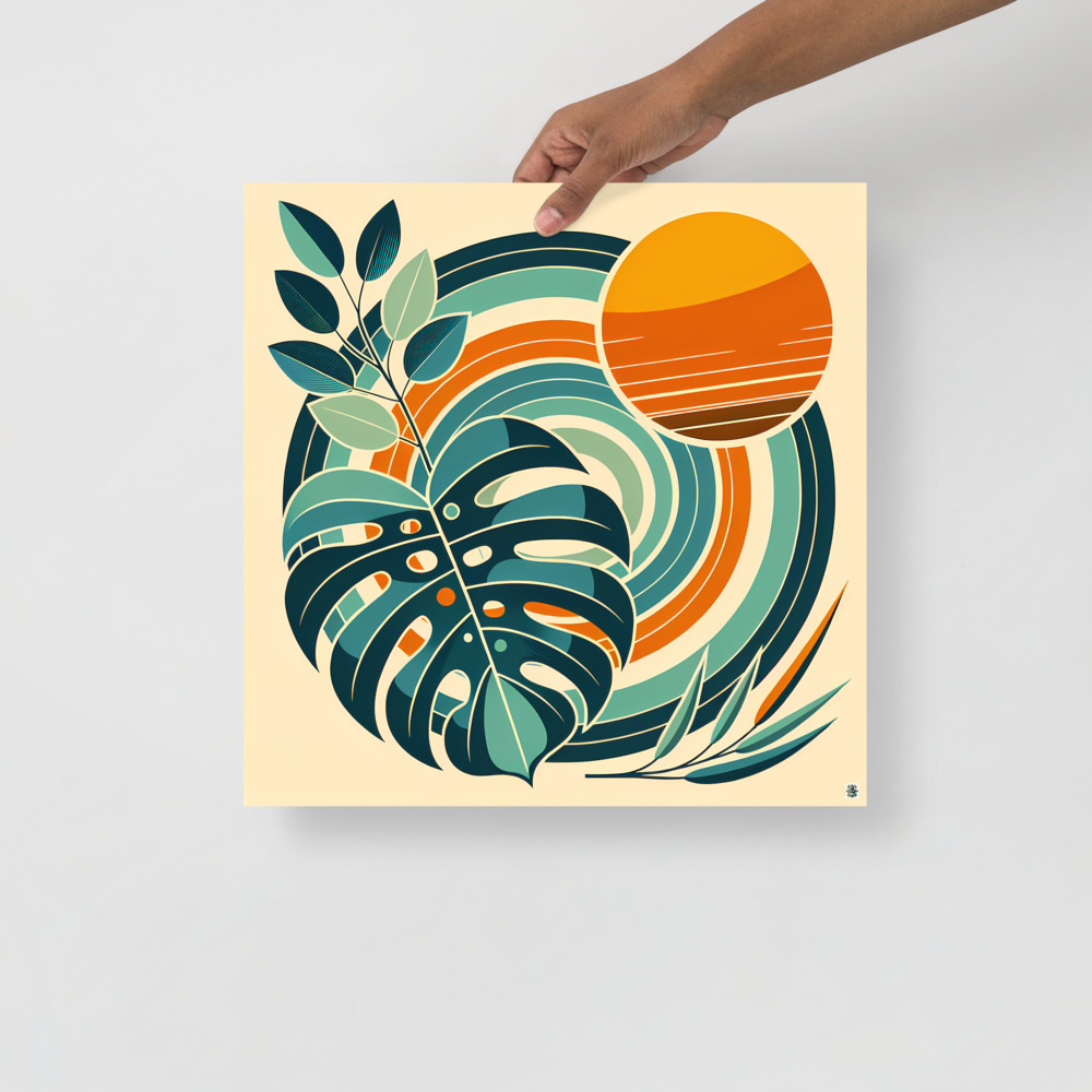 Geometric Monstera Leaves with Retro Sun Circles