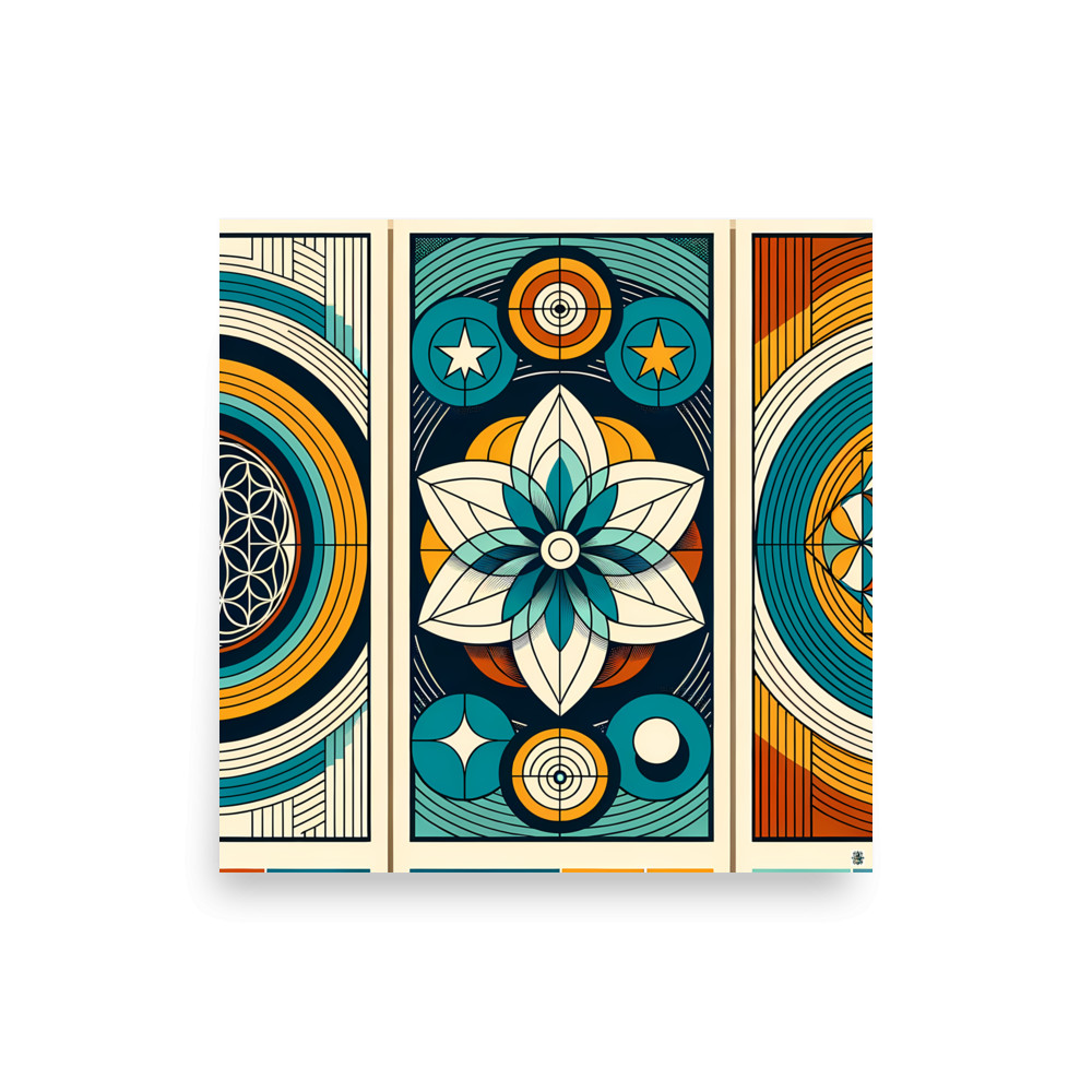Sacred Geometry Lotus Mandala in Teal and Ochre — Art Print