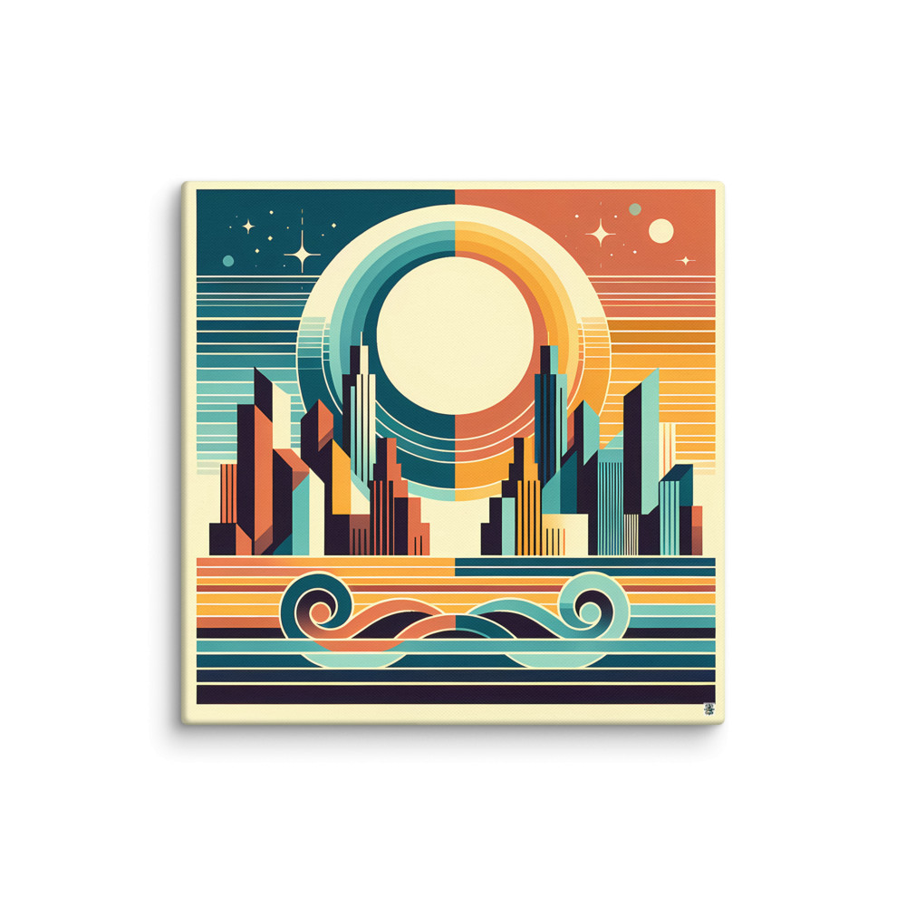 Retro Geometric City Sunset with Waves