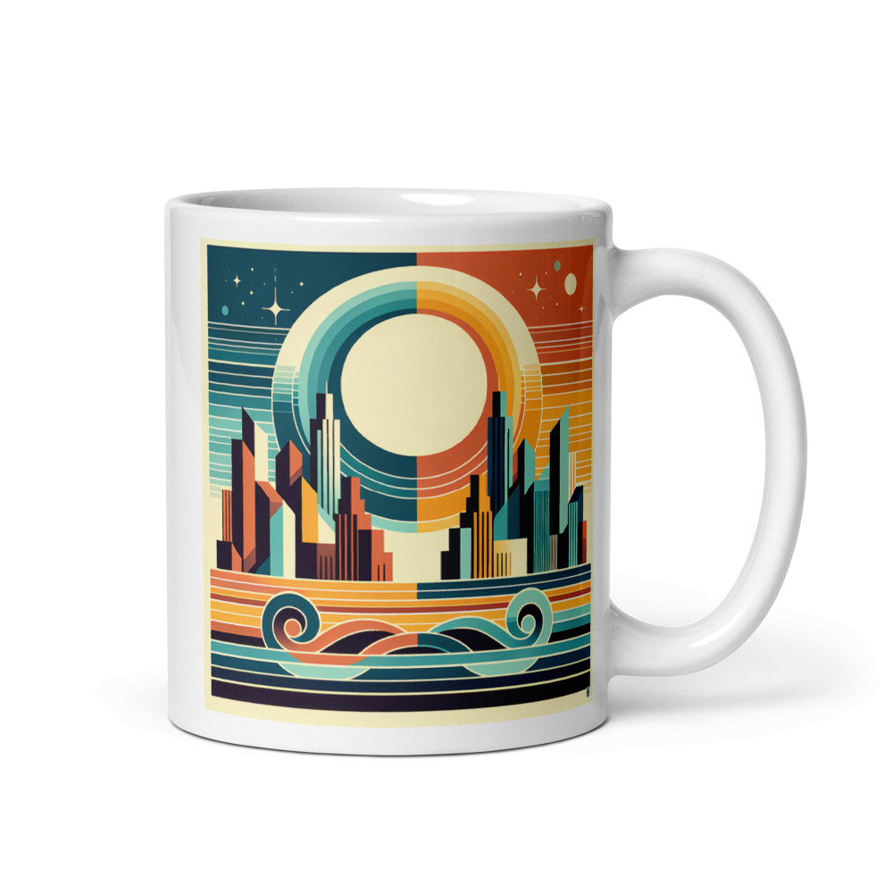 Retro Geometric City Sunset with Waves