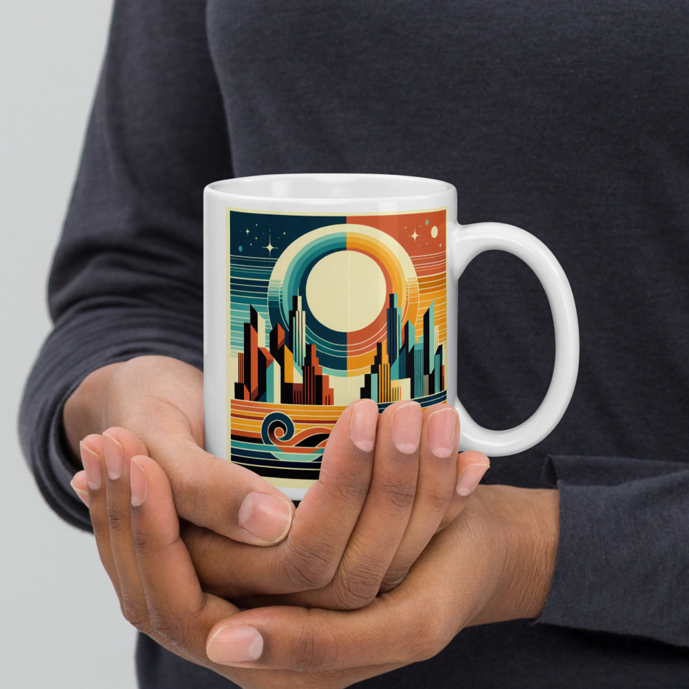 Retro Geometric City Sunset with Waves