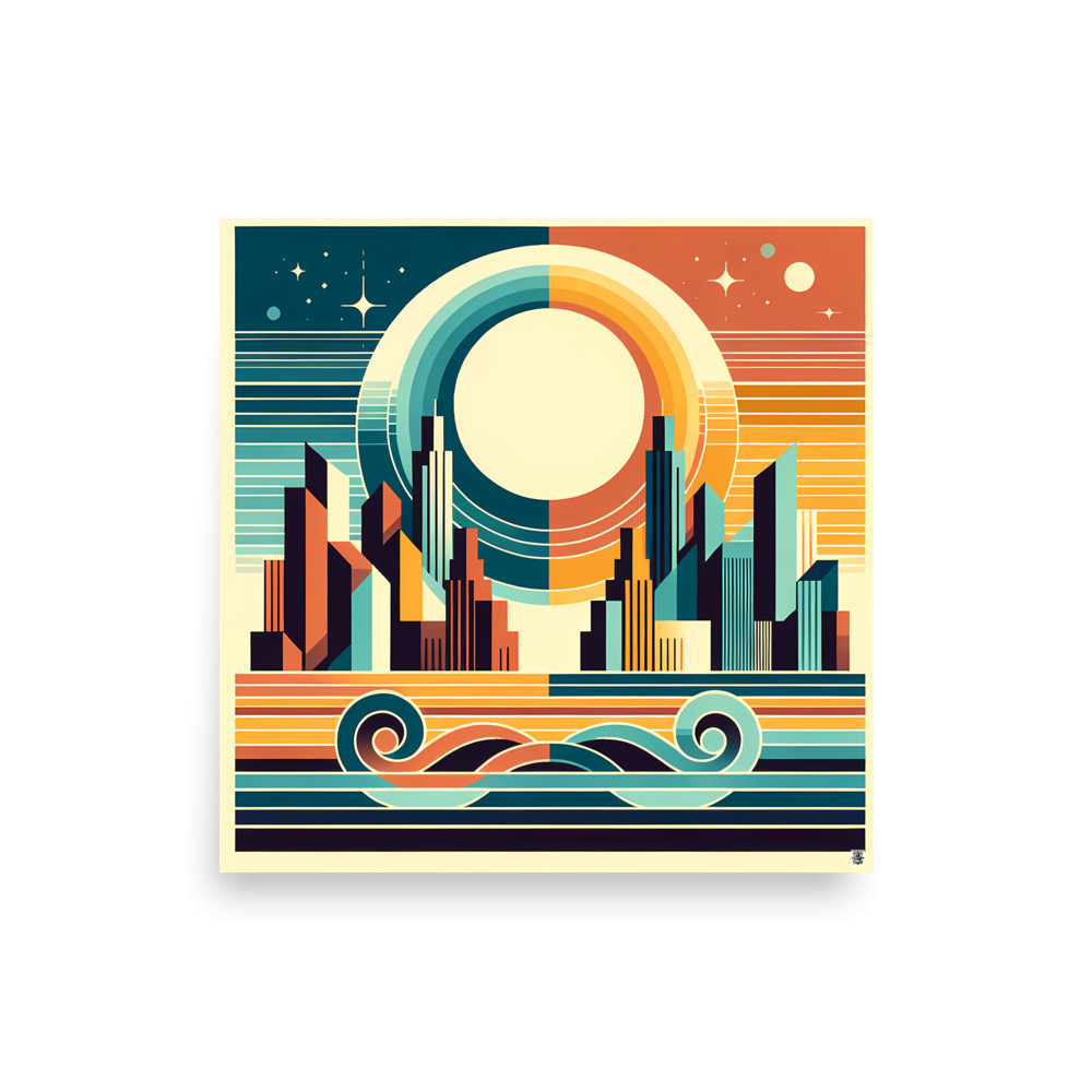 Retro Geometric City Sunset with Waves — Art Print