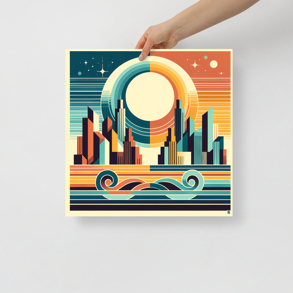 Retro Geometric City Sunset with Waves