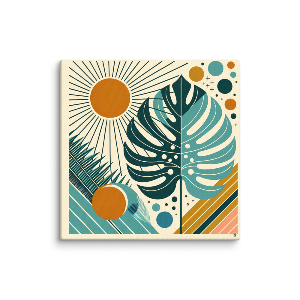 Geometric Monstera Leaves with Sunburst — Canvas Print