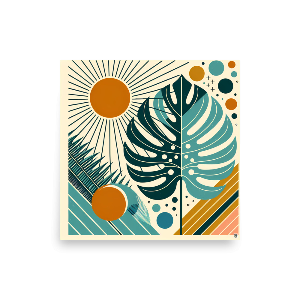 Geometric Monstera Leaves with Sunburst — Art Print