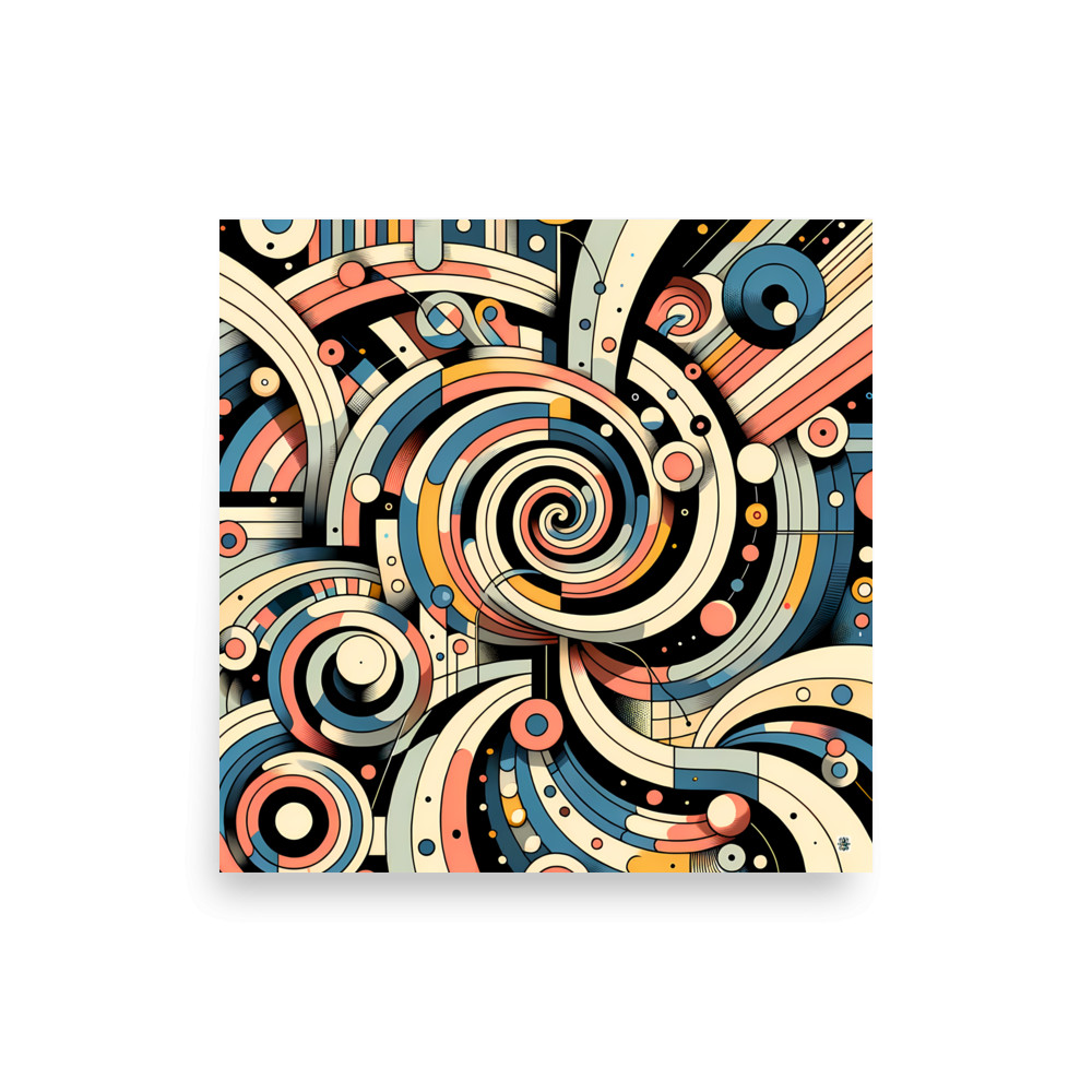 Retro Geometric Spiral Abstract in Teal and Coral — Art Print