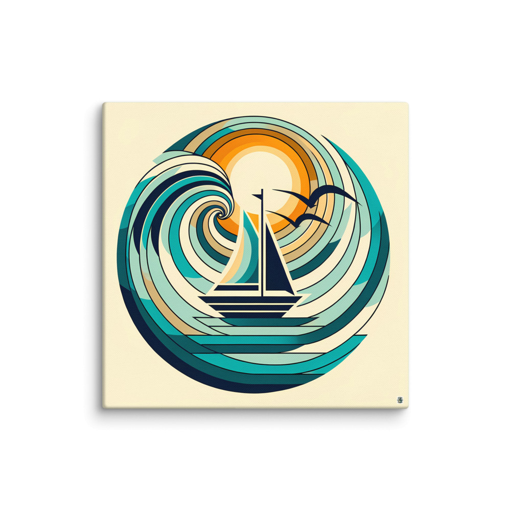 Minimal Sailboat in Abstract Wave Circle — Canvas Print