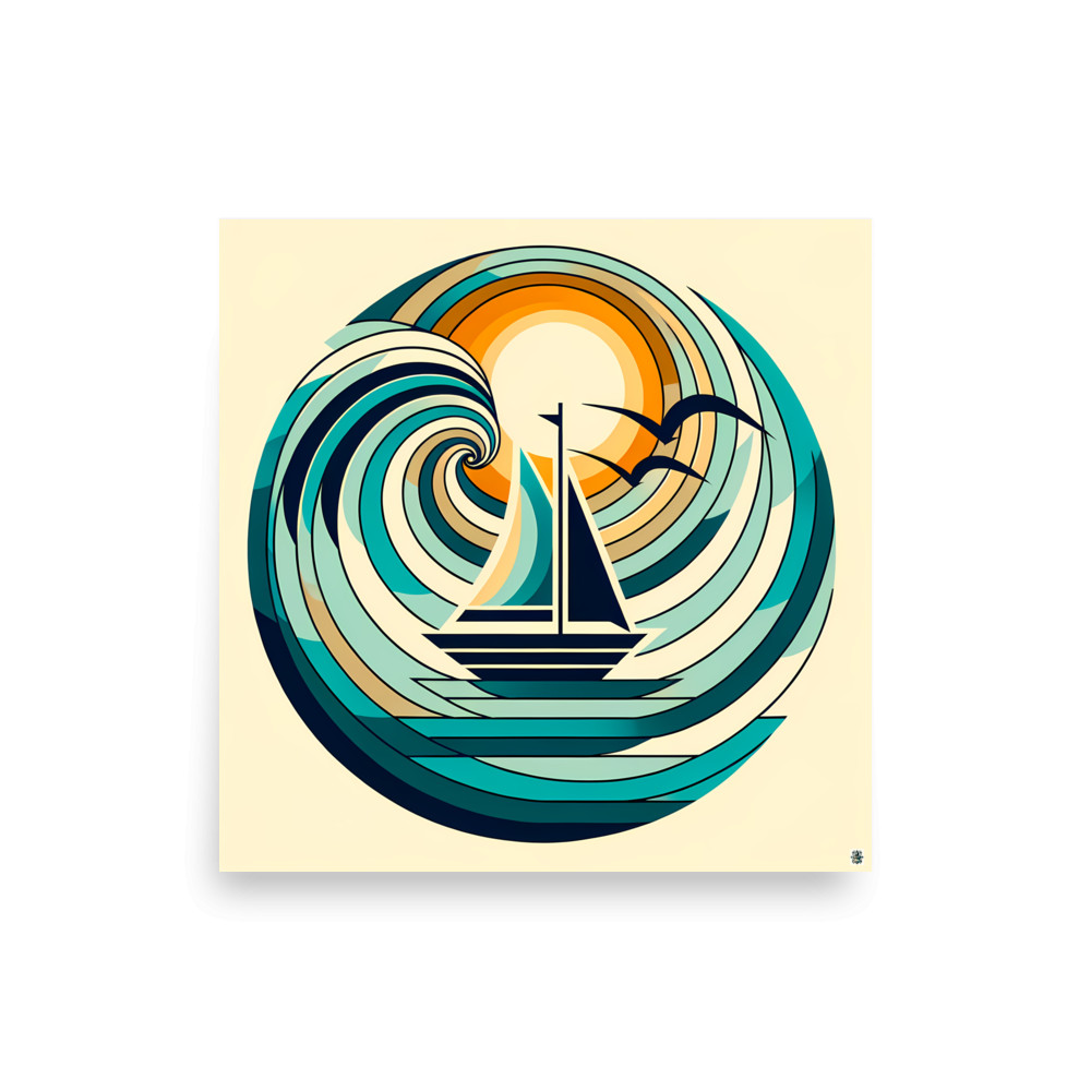 Minimal Sailboat in Abstract Wave Circle — Art Print