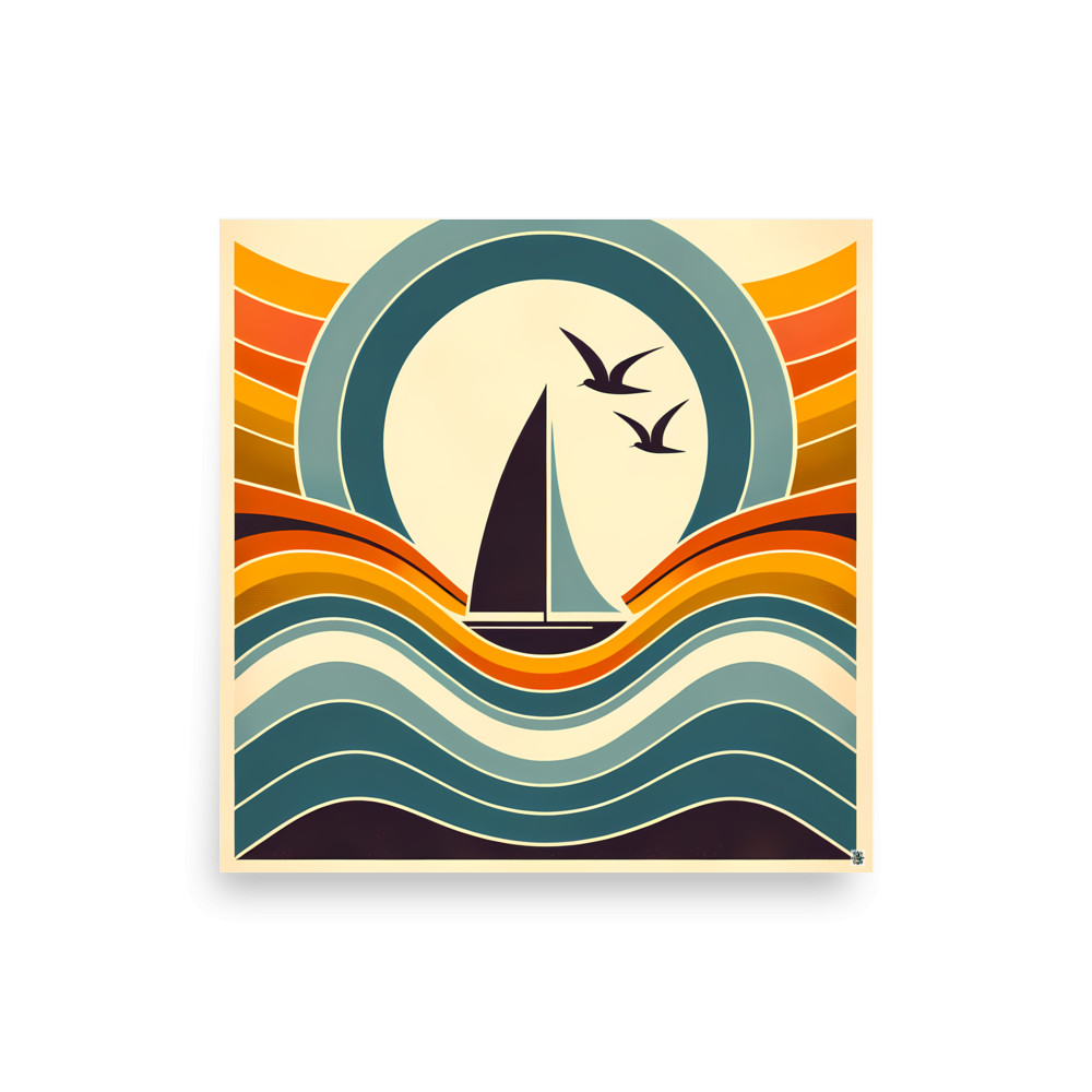 Minimal Sailboat Sunset Waves — Art Print