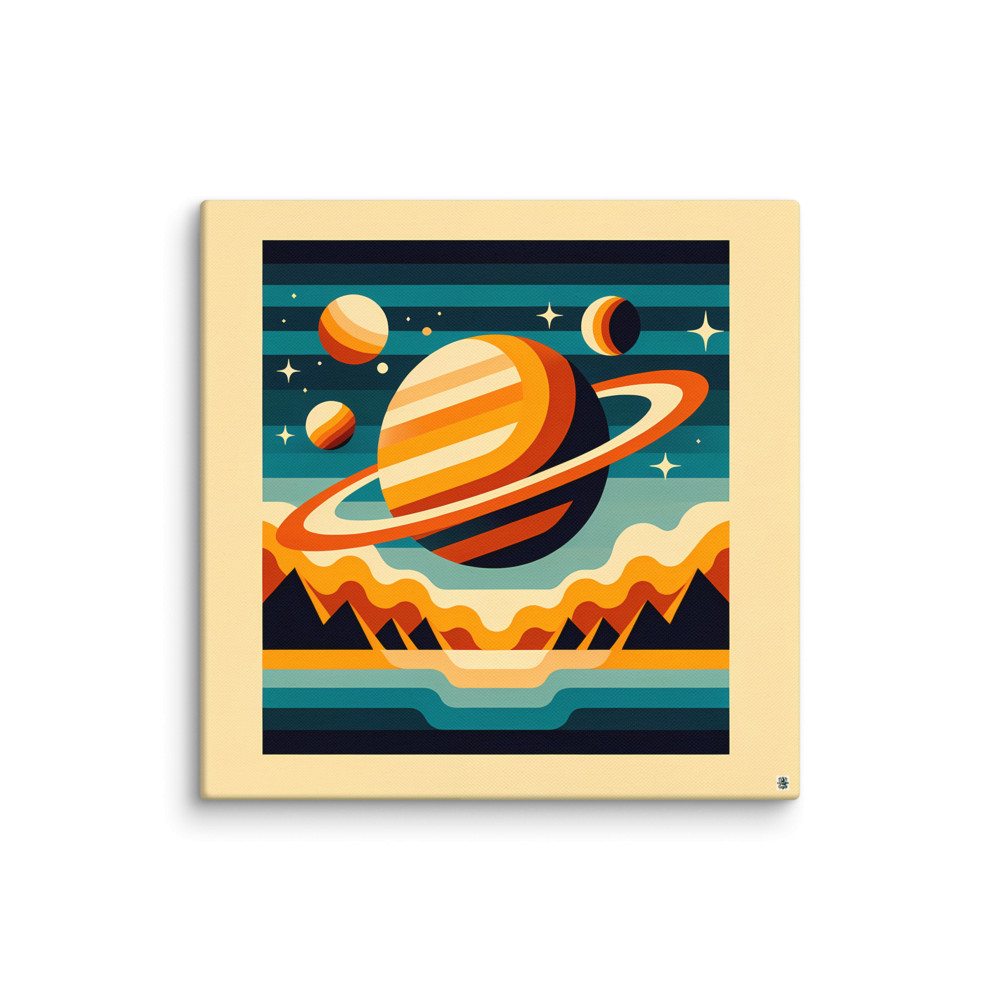 Retro Ringed Planet Over Mountains — Canvas Print
