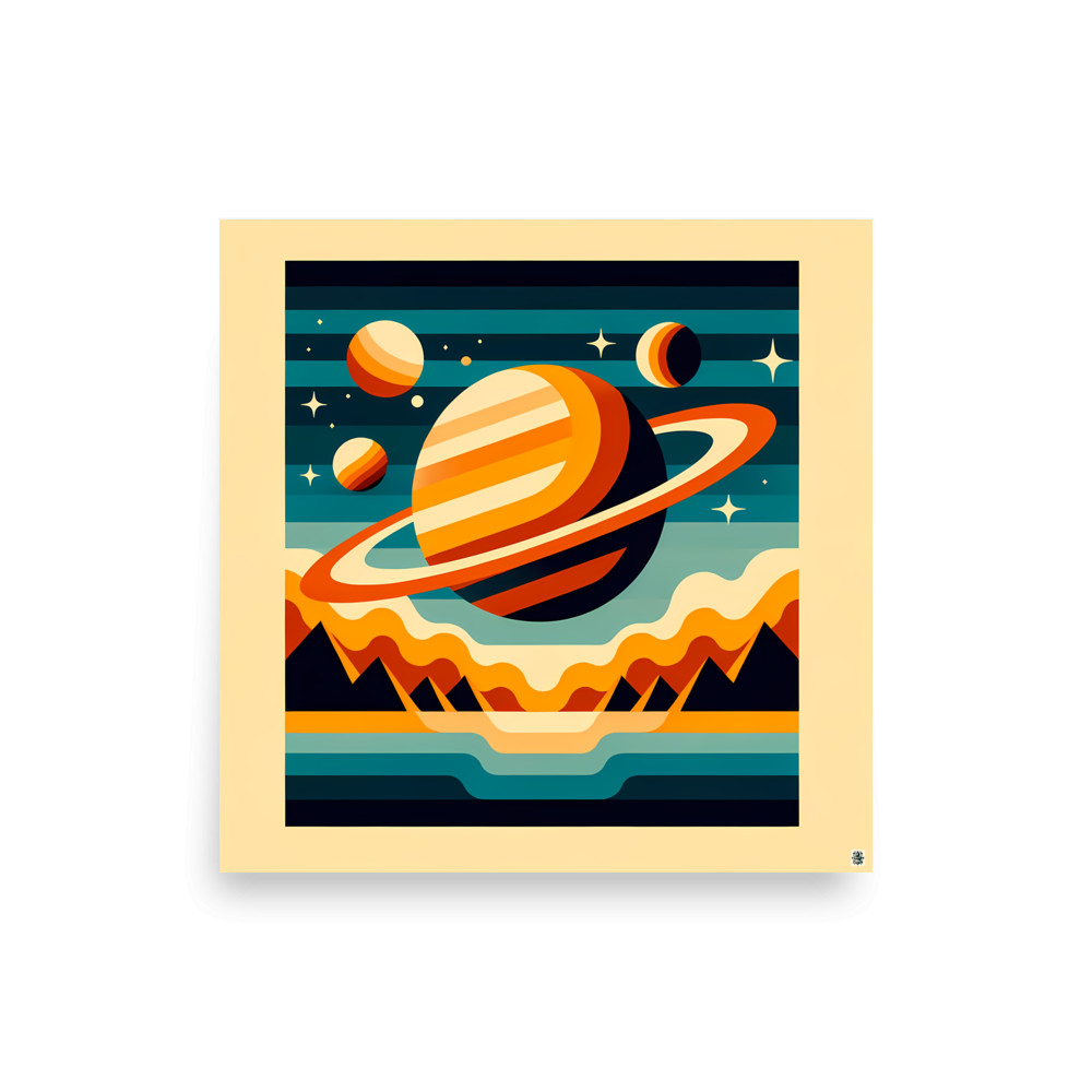 Retro Ringed Planet Over Mountains — Art Print
