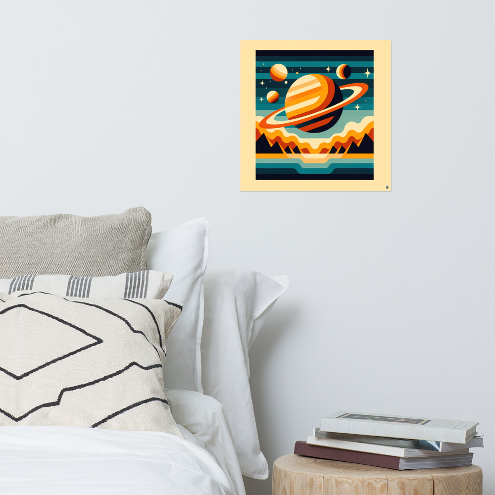 Retro Ringed Planet Over Mountains