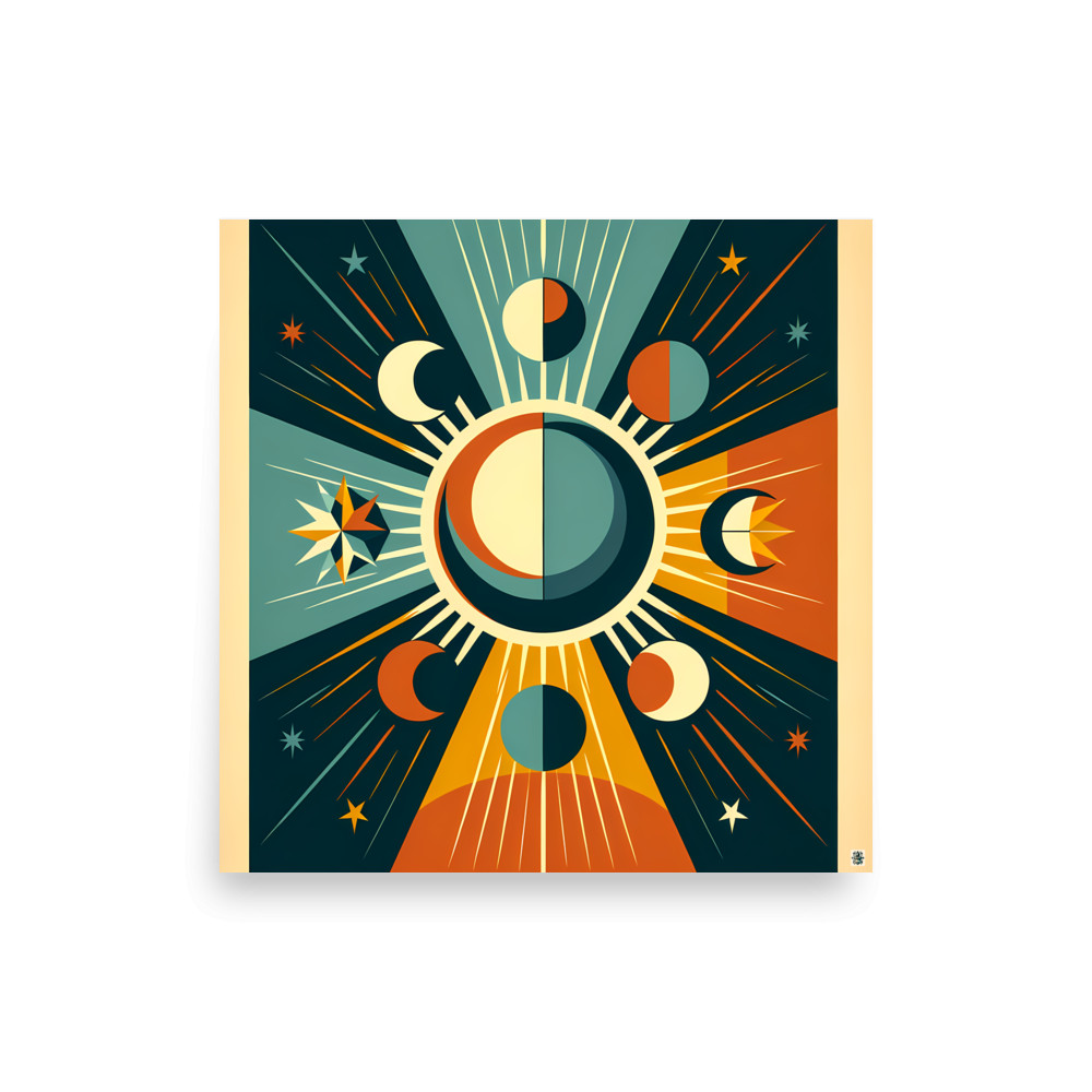 Geometric Sun and Moon Phases Celestial Rays — Art Print