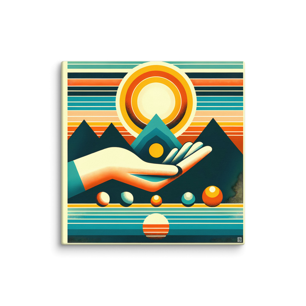 Retro Geometric Sun Over Mountains — Canvas Print