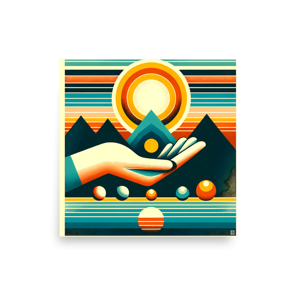 Retro Geometric Sun Over Mountains — Art Print