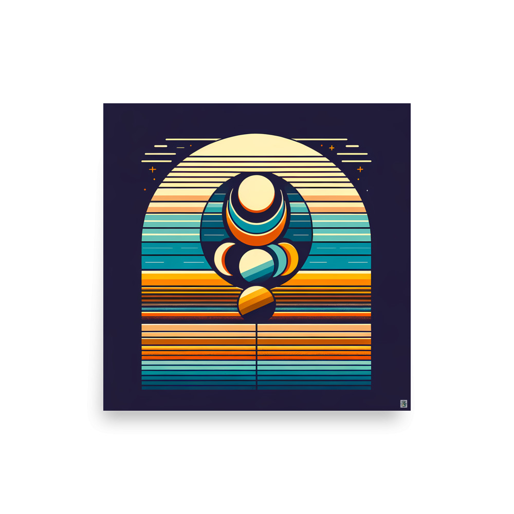 Geometric Moon Phases Over Retro Stripes — Art Print