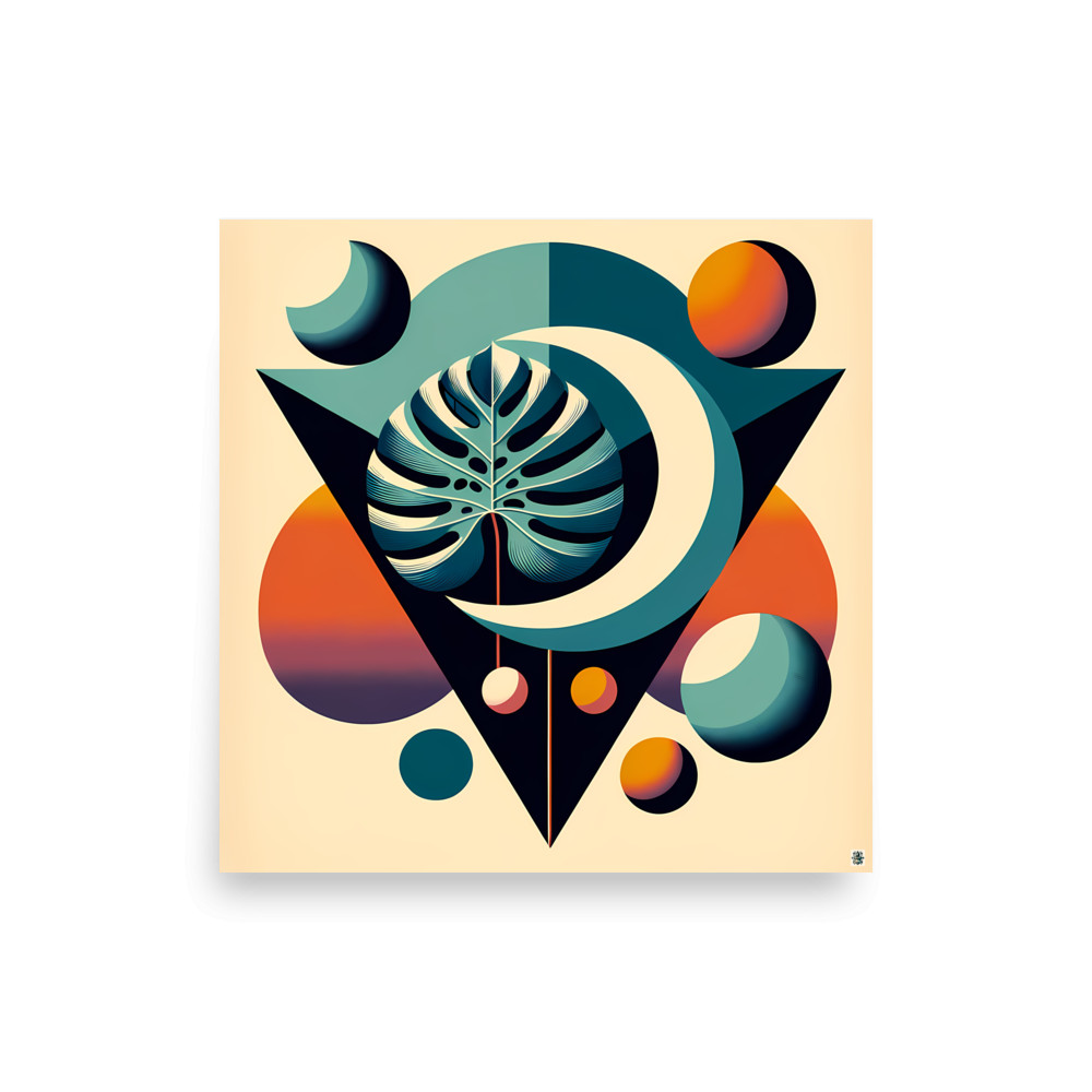 Geometric Monstera Leaf in Teal and Orange — Art Print