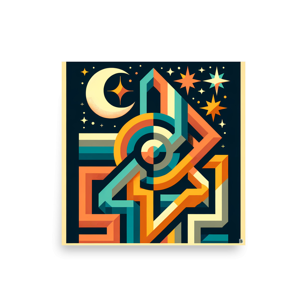 Geometric Number Collage with Moon and Stars — Art Print