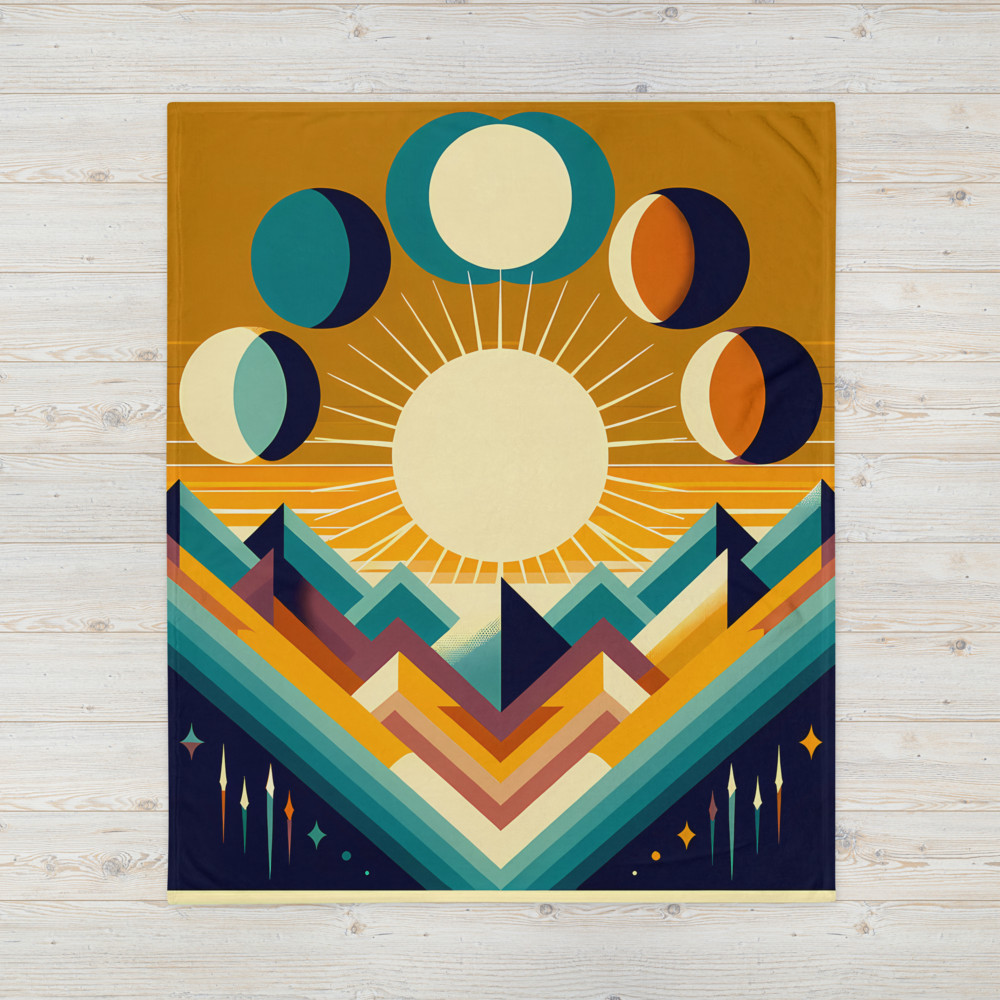 Geometric Sun and Moon Phases Over Mountains