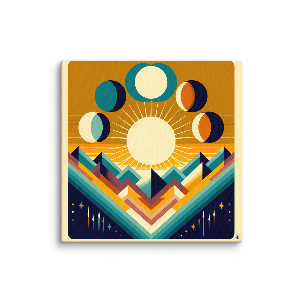 Geometric Sun and Moon Phases Over Mountains — Canvas Print