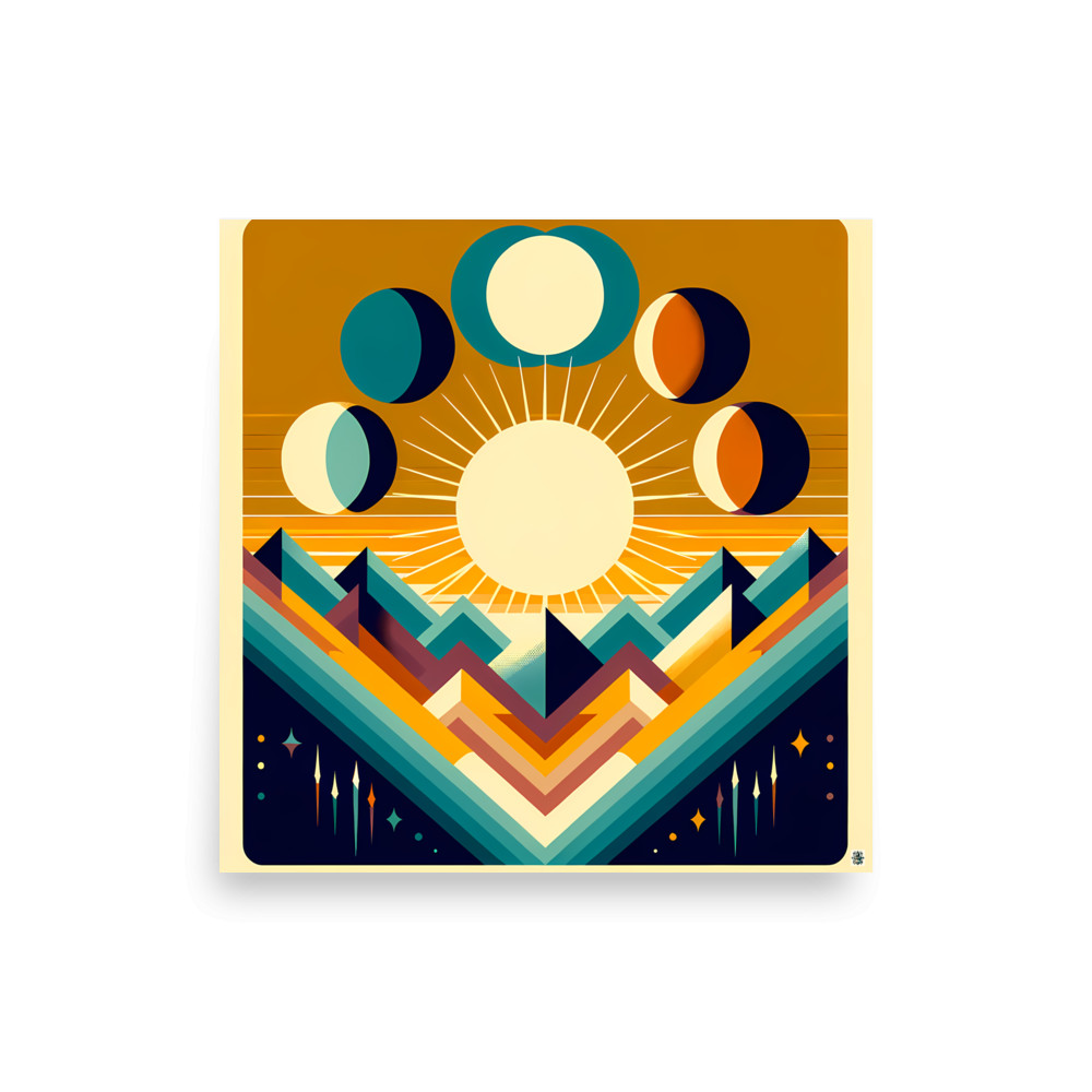 Geometric Sun and Moon Phases Over Mountains — Art Print