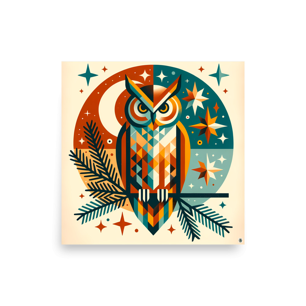 Geometric Owl Under Moon and Stars — Art Print