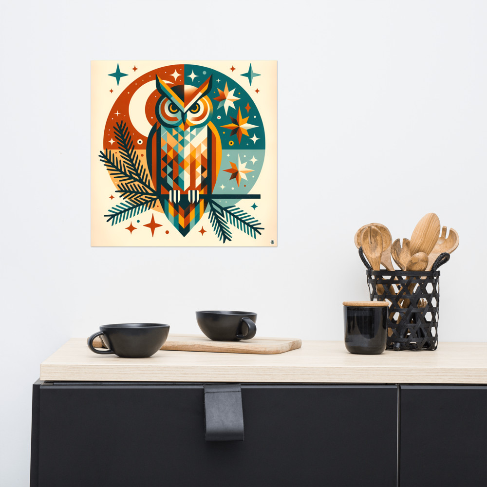 Geometric Owl Under Moon and Stars