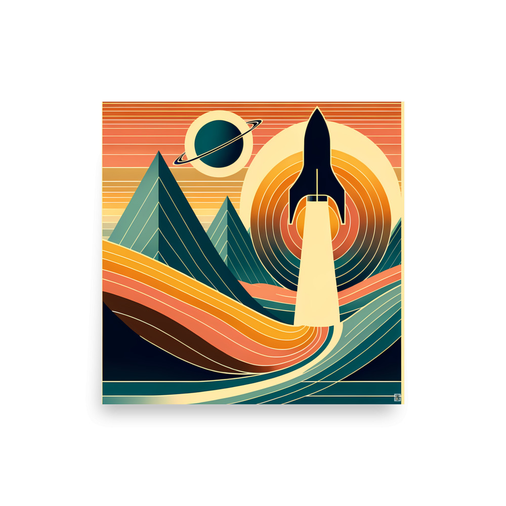 Retro Rocket Launch Over Geometric Mountains — Art Print