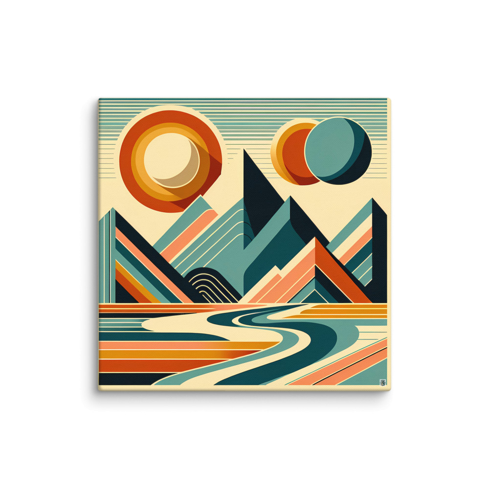 Geometric Mountains with Twin Suns and River — Canvas Print
