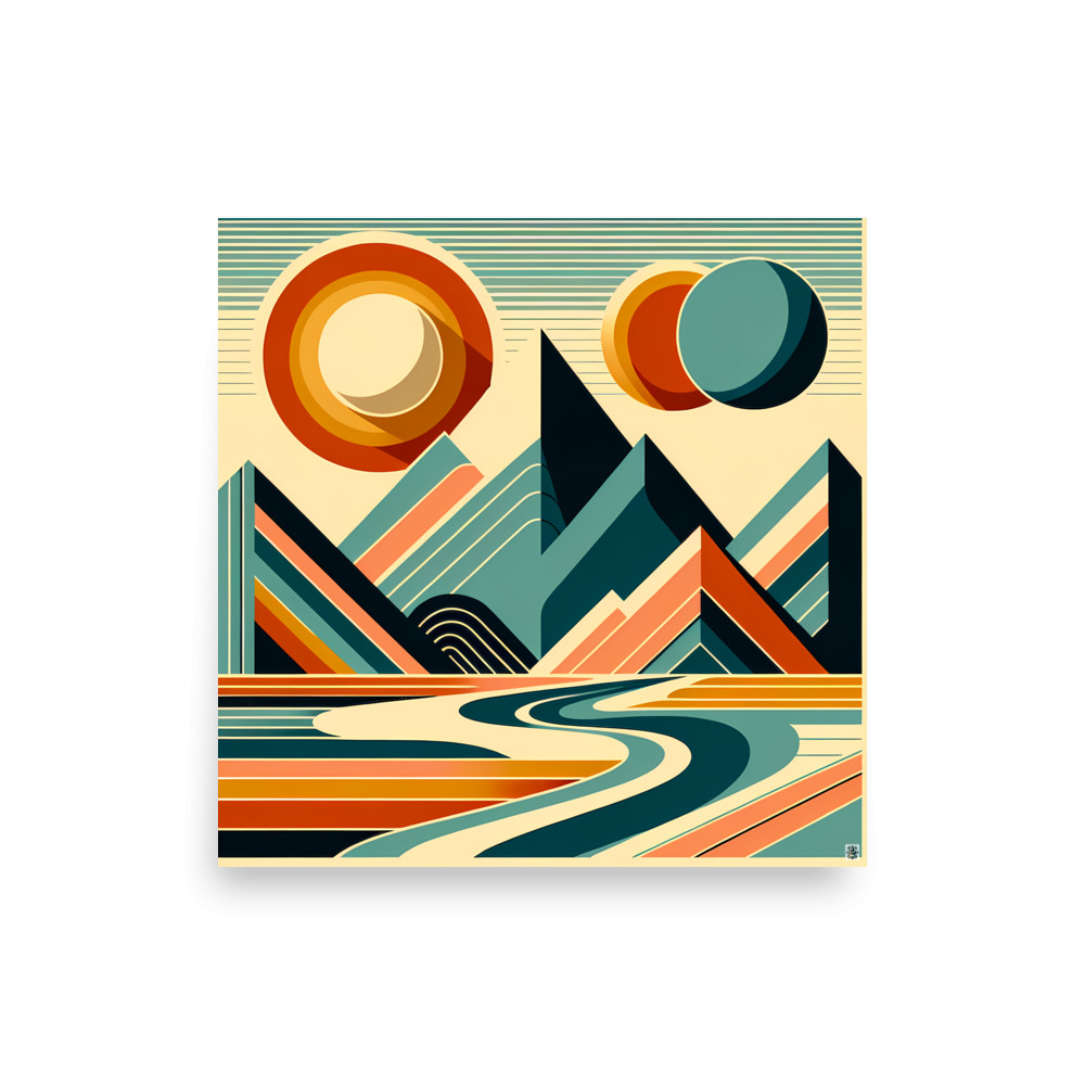 Geometric Mountains with Twin Suns and River — Art Print