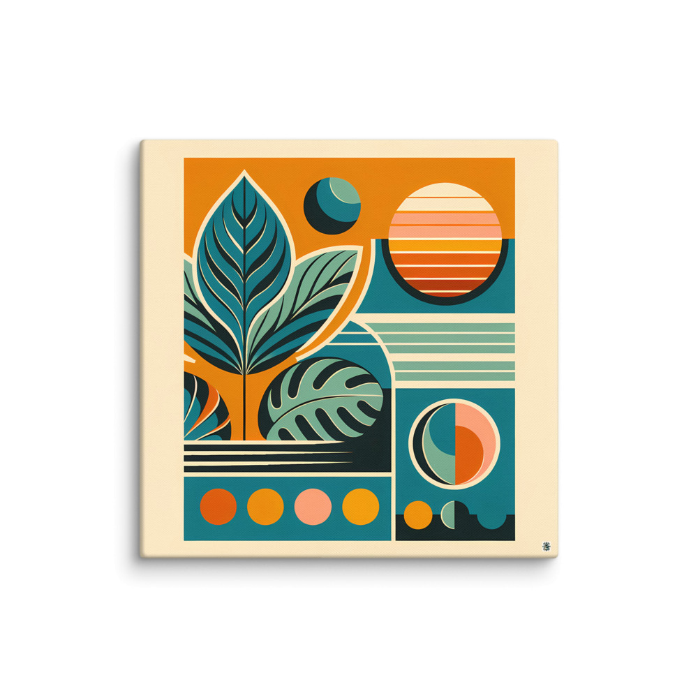 Geometric Botanical Leaves in Teal and Orange — Canvas Print