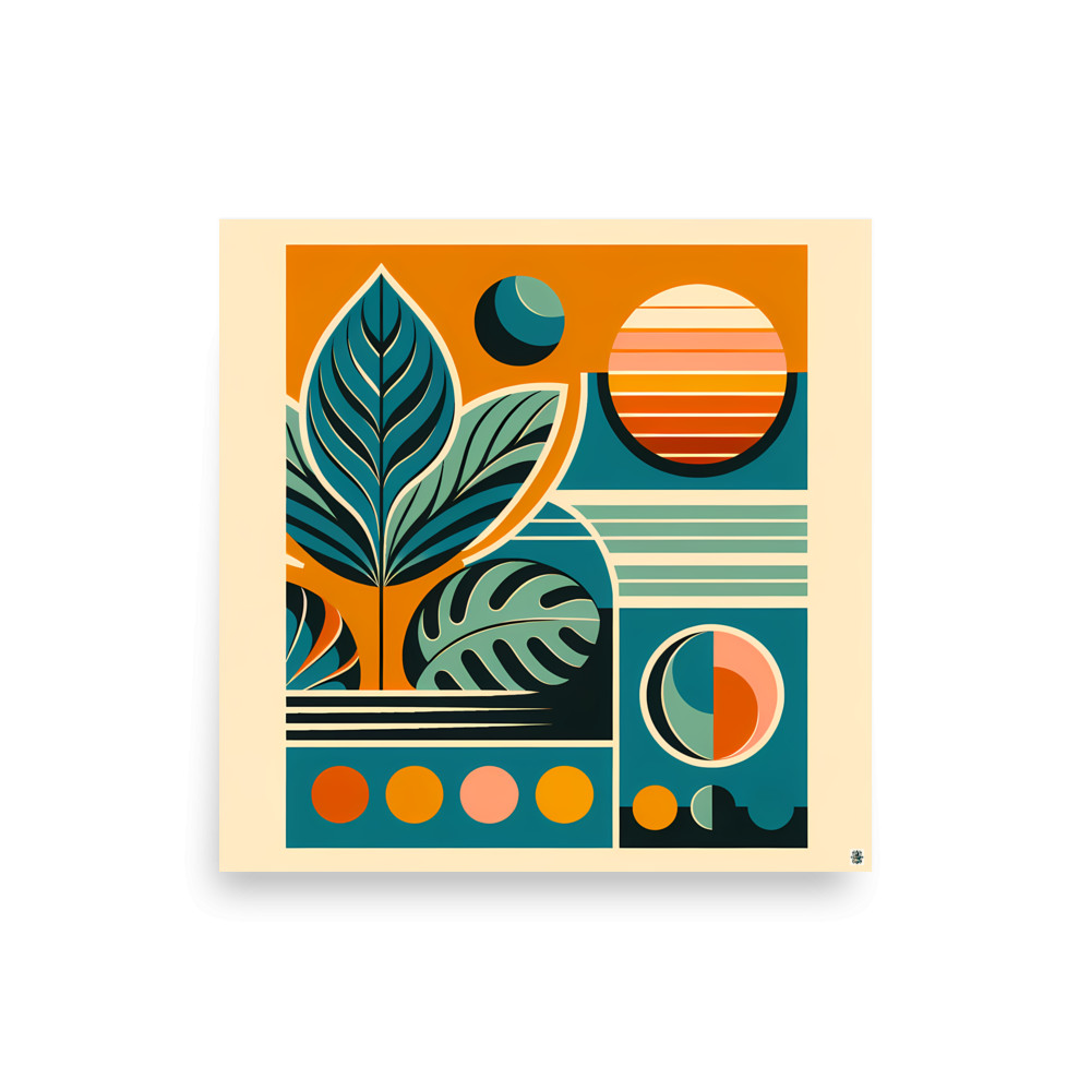 Geometric Botanical Leaves in Teal and Orange — Art Print